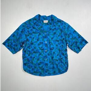 Vtg 60's Blue Floral Cropped Button Up Collared Cotton Shirt / Sz 14/34 Retro